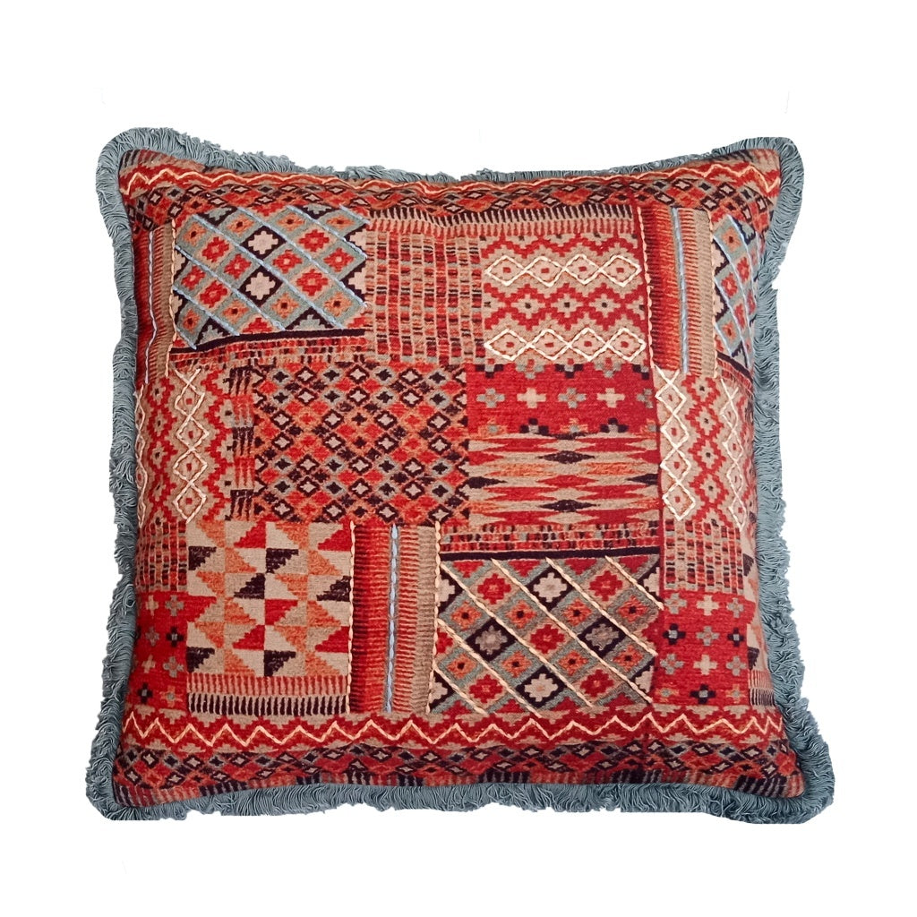 Cushion Cover with Fring - Kilim Patch Work Blue