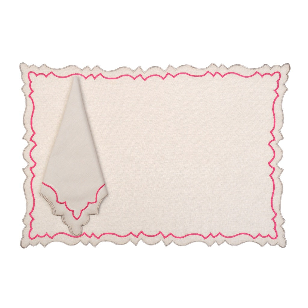Scalloped Mat And Napkin (Set Of 6) - Scalloped Red with Brown