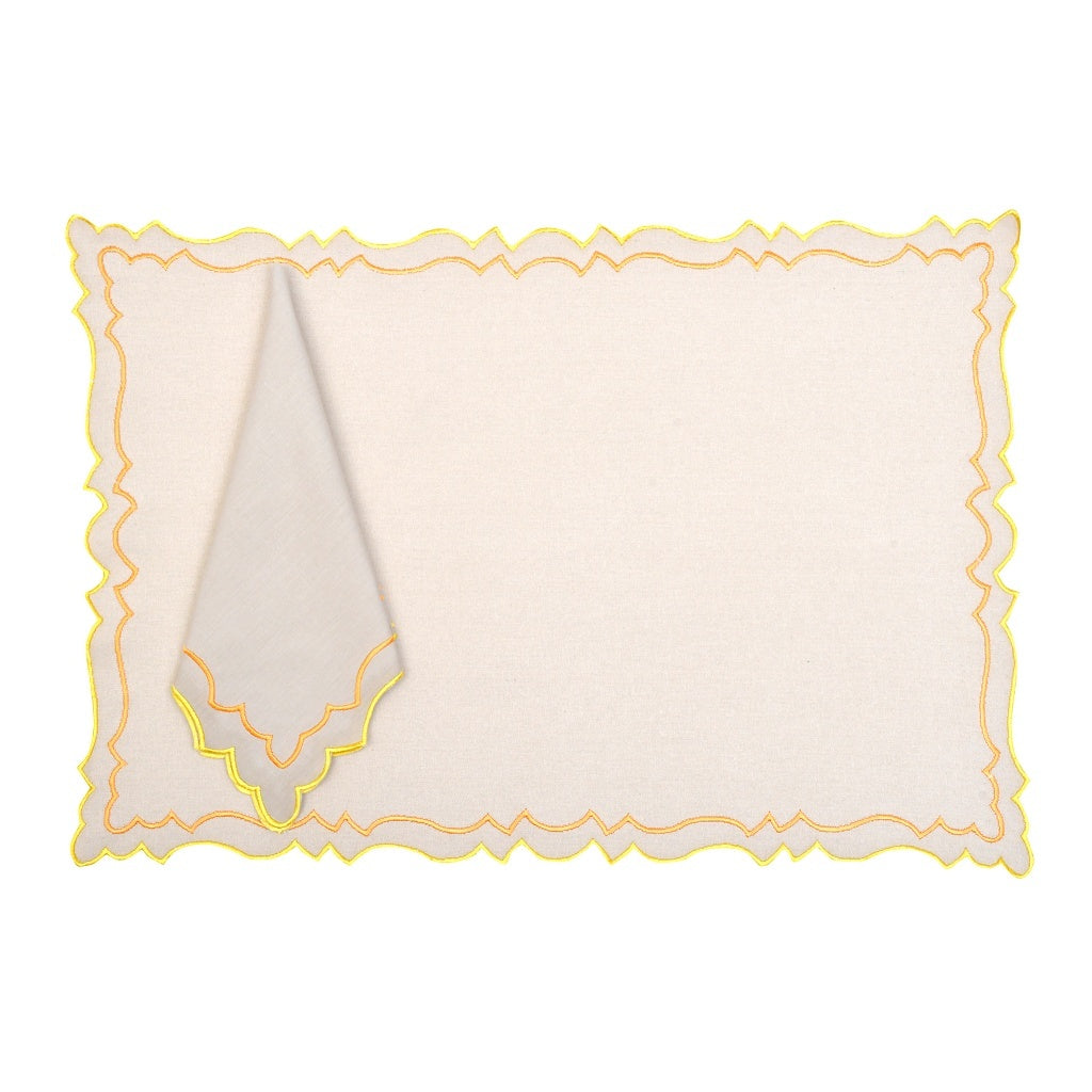 Scalloped Mat And Napkin (Set Of 6) - Scalloped Orange with Yellow