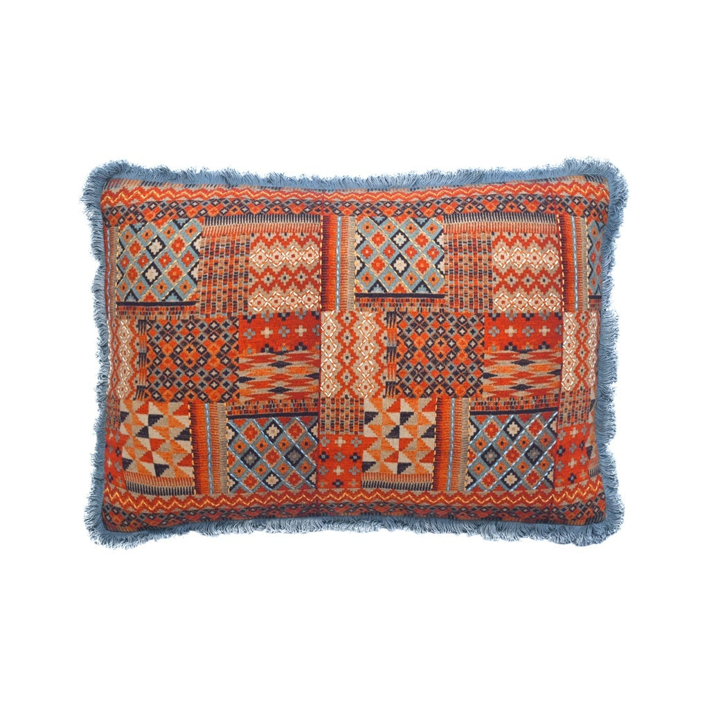 Cushion Cover with Fring - Kilim Patch Work Blue