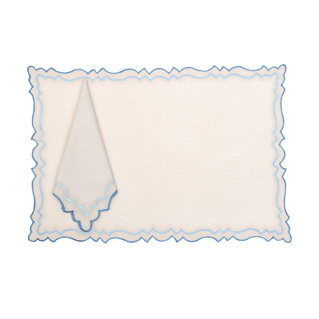 Scalloped Mat And Napkin (Set Of 6) - Scalloped Light Blue with Dark Blue