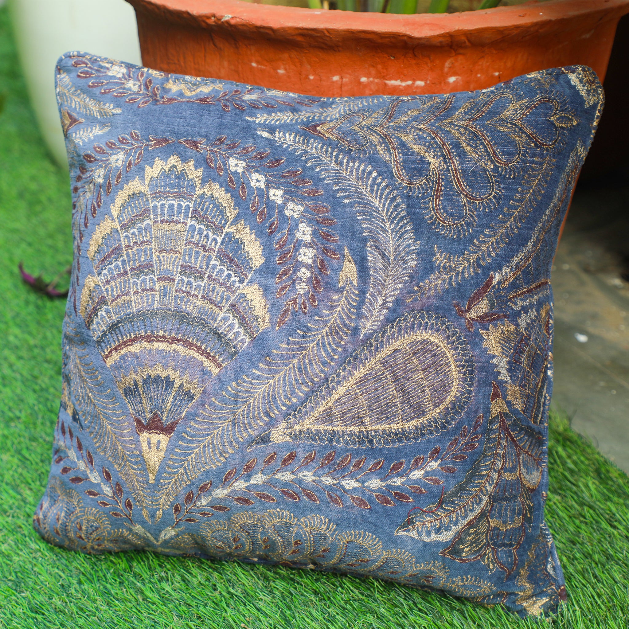 Velvet Cushion Cover - Samsara Gold On Blue